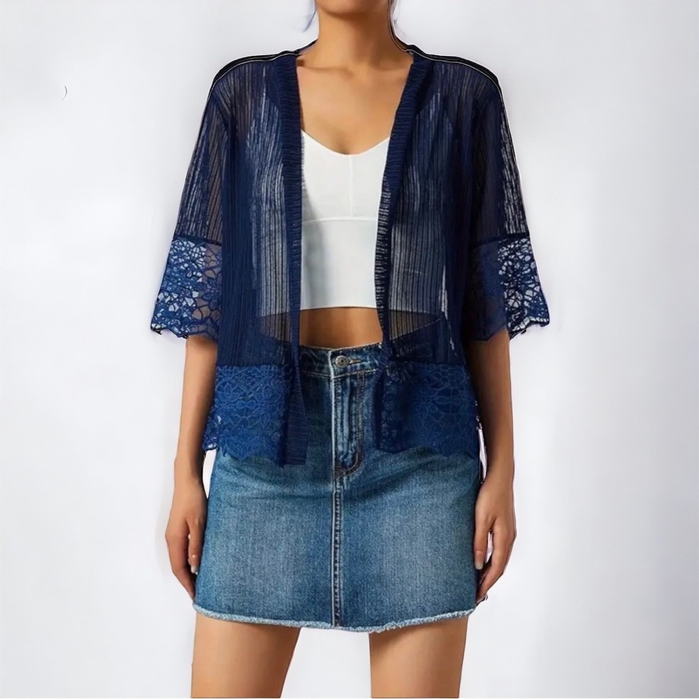 New Boho Solid Lace Open Front Crop Short Cover Up Black Semi Sheer Kimono NWT